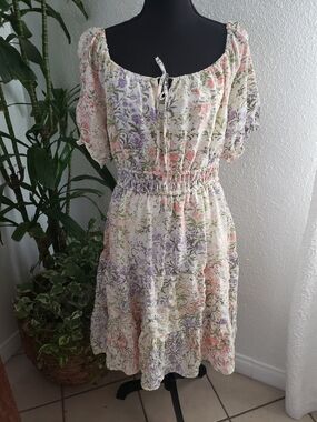 Liberty Love Cream Midi Dress with Pink & Purple Floral Print Size 2XL